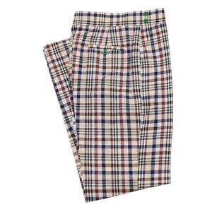 Mens 32 Gurkha Pants Cream Madras Plaid Cotton High Waist Flat Front Trousers